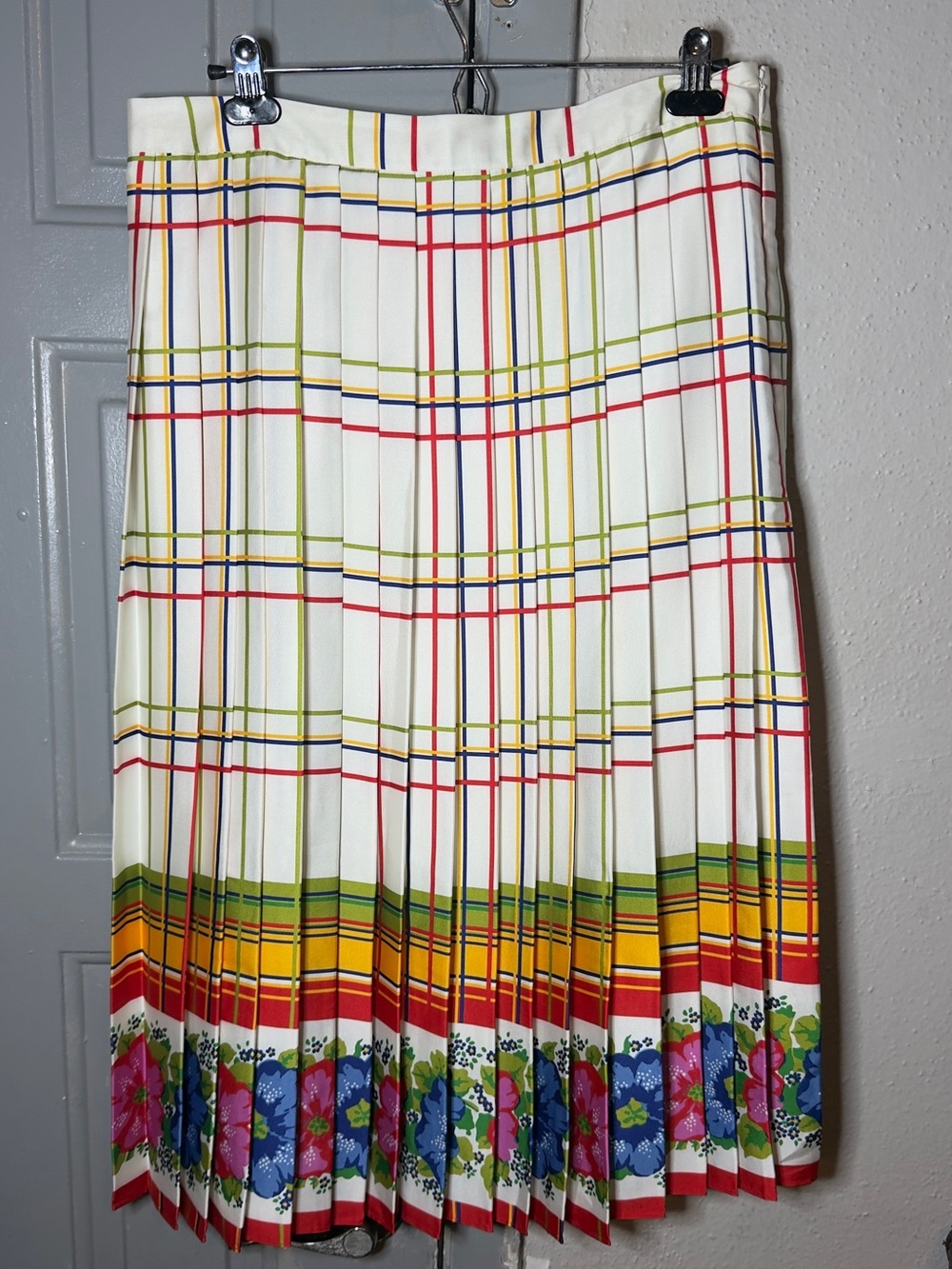 J. Crew White Pleated Midi Skirt with Multicolor Plaid and Floral Border